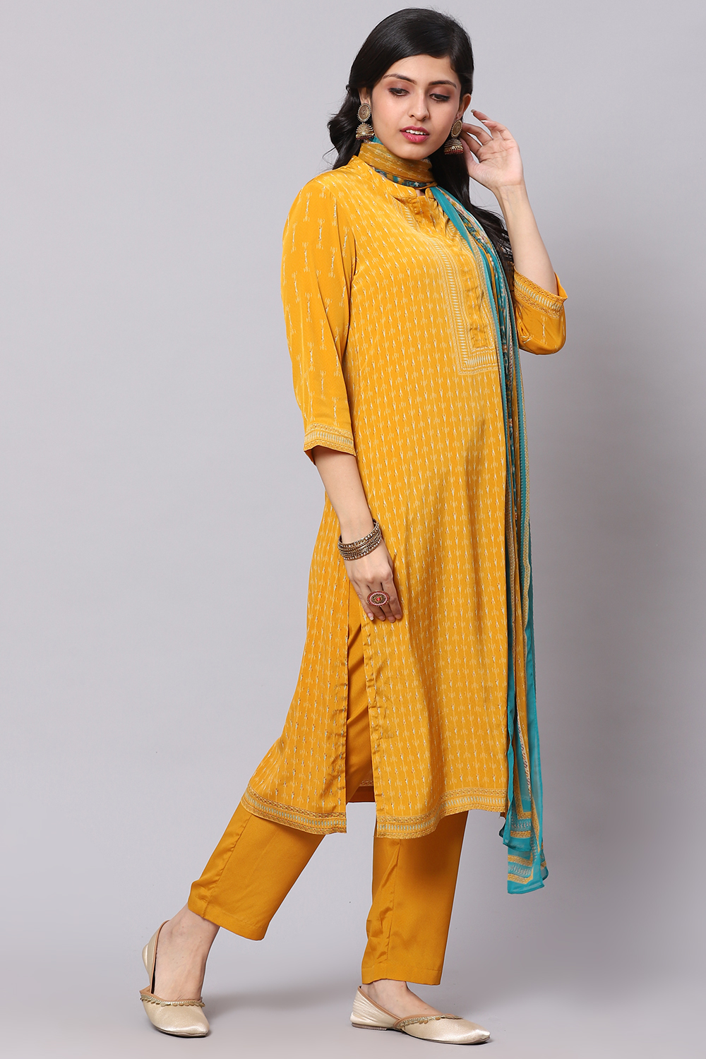 Yellow Crepe Digital Print Unstitched Suit Set image number 5